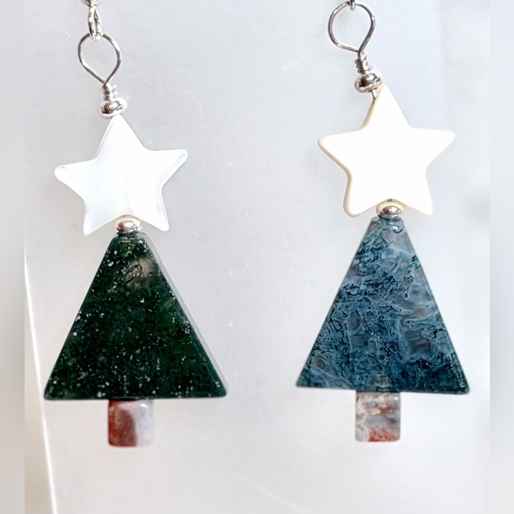 🌲 Moss Agate, Brecciated Jasper & MOP Christmas Tree Earrings, French wires, 925